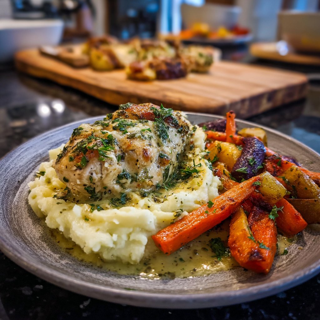 Creamy Herb Chicken with Mashed Potatoes and Roasted Root Vegetables